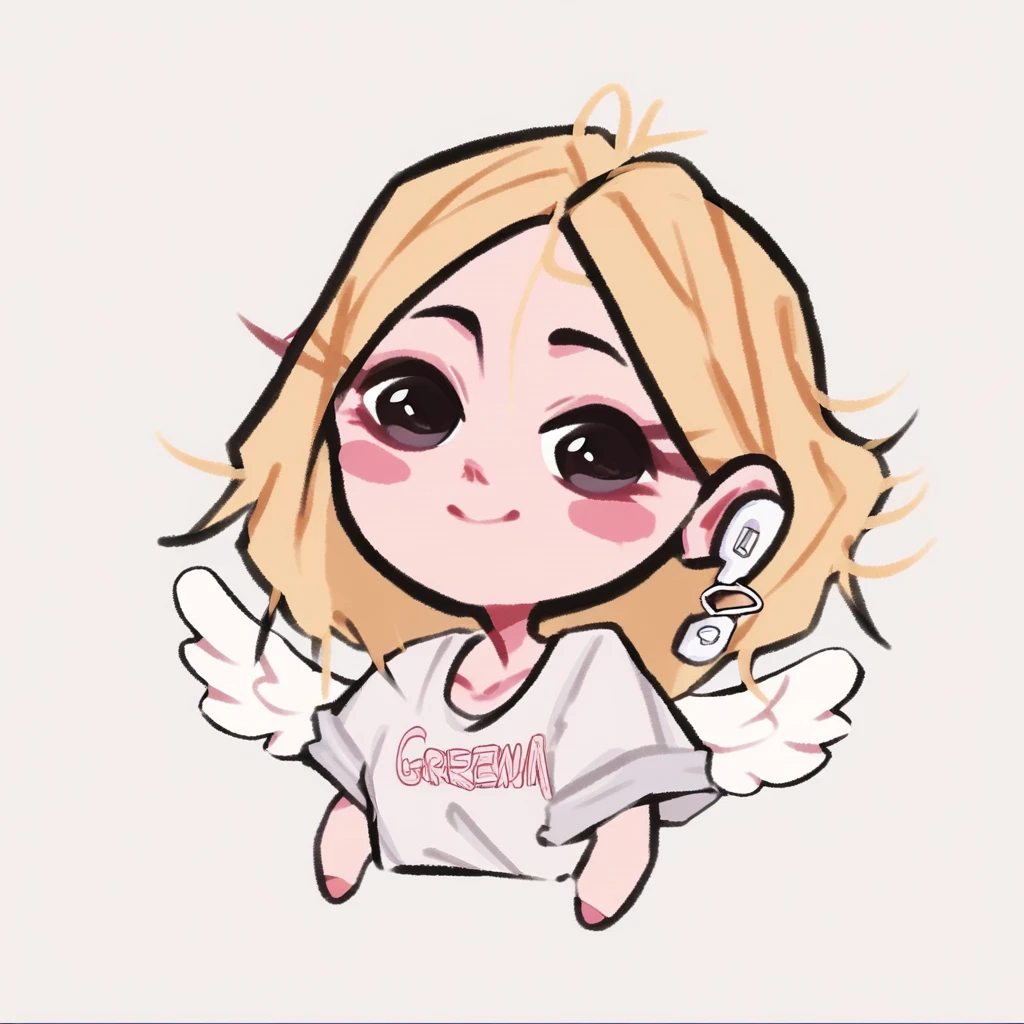score_9, score_8_up, score_7_up, dijor, cute, chibi, angel girl with blonde cream hair, cute earphones, stickers in her face