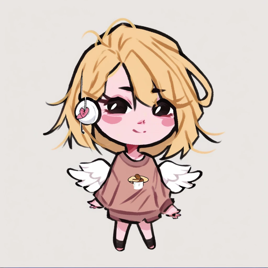 score_9, score_8_up, score_7_up, dijor, cute, chibi, angel girl with blonde cream hair, cute earphones, stickers in her face