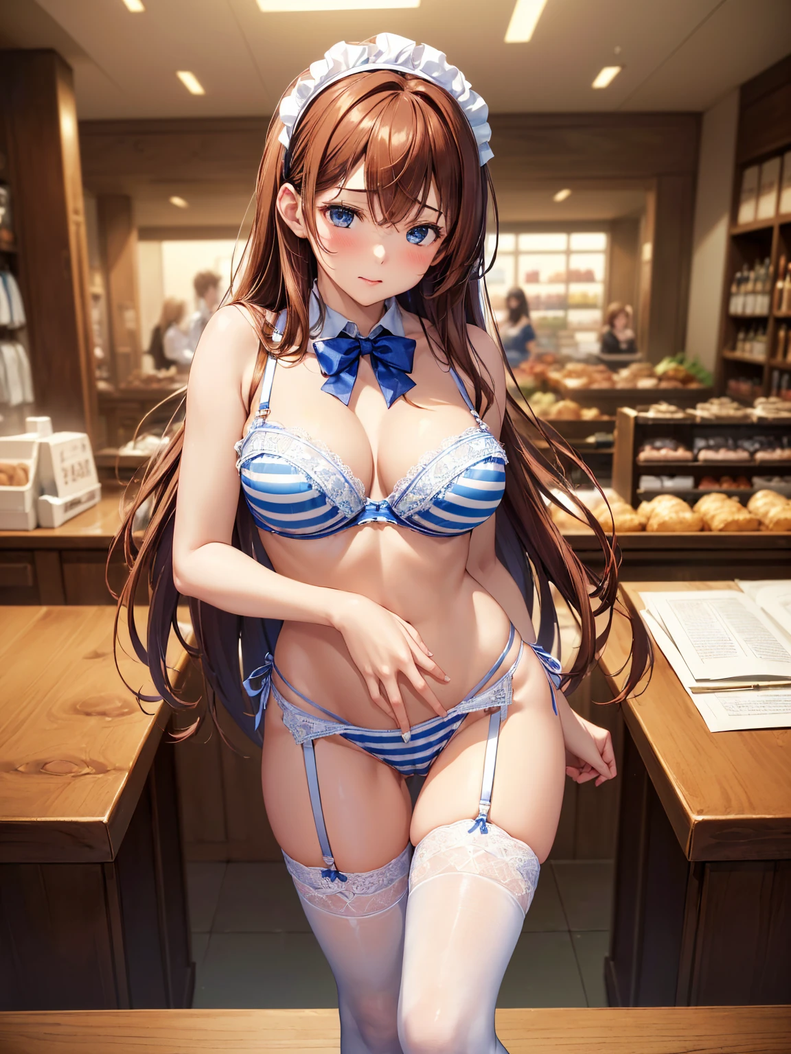 (((masterpiece, Highest quality, High resolution, 超High resolution, Perfect Pixel, Depth of written boundary, 4K, RTTX 10.0))), Beautiful Anime Women, Beautiful art style, Anime characters, ((Smooth texture, Realistic texture, Anime CG Style)), Exact finger count、Exact number of legs、(Exact number of arms:1.0, Exact number of hands:1.0), (Perfect hands, Perfect Anatomy), Cinematic, Realistic, Extremely detailed CG, Daytime lighting, Perfect lighting, Best Shadow, The best natural light, whole body, Perfect body, バランのとれたPerfect body, Perfectly balanced style, (Slender body:1.2), ((Long Hair, bangs, Reddish brown hair, Stylish hairstyle)), ((A cute woman stands with her hands in her panties:1.8)), (Put one hand in your panties:1.8), (fingering:1.8), (pussy juice:1.5), ((Bow tie around neck, High heels:1.3), (Sexy and cute blue and white striped underwear:1.3), (Stylish shiny blue and white striped satin panties, Side-tie panties, Panties with plain blue and white stripes in the center and lace decoration on the sides:1.3), (Thin panties:1.3), (Blue and white striped micro lace satin bra, Blue and white striped bra with lace trim, Thin bra:1.3), (garter belt, Black knee socks:1.3):1.3), (Beautiful big , Cleavage:1.1), (Embarrassed expression:1.4), blush, (sexual pleasure expression:1.5), (The expression of someone who is holding in the toilet:1.4), (Look up, Mouth half open, Half-close your eyes:1.4), (Stylish bar, Stylish restaurant, Many customers in the background, A busy store, Chair, table:1.3), naked, In underwear, Waitress in underwear, (Frilly maid-like headband:1.2), whole body, Angle from the front, chizuru