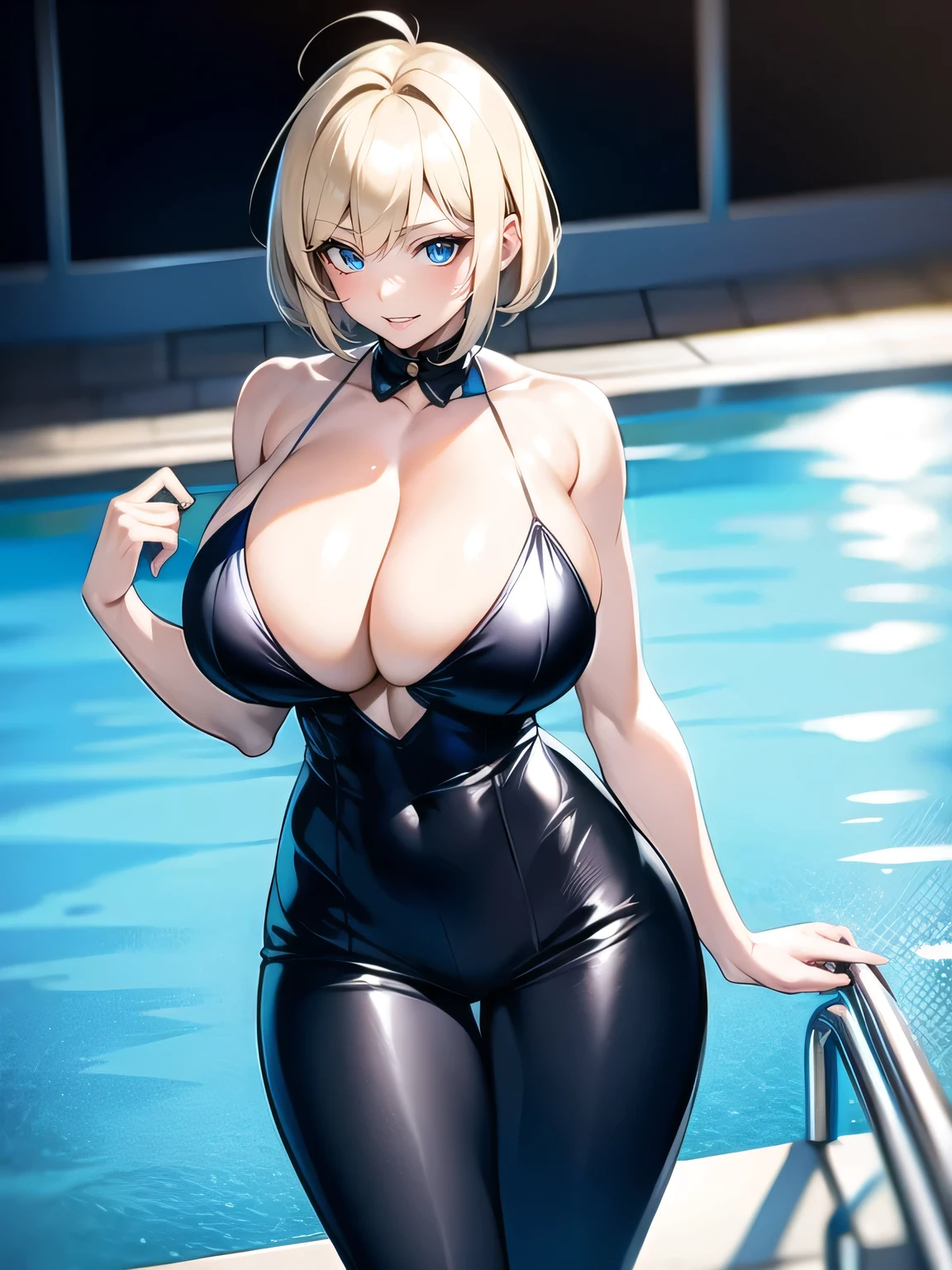 high resolution digital image, full length photograph, nsfw, male gaze, male lust, bad daddy spying on his (extremely huge breasted busty young daughter:1.3) by the pool, (Lindsey Pelas:Kate Upton:0.5), 1girl, blonde , short hair, messy hair, taboo busty teenptation, slender skiny fit teen, baean abdomane, long slender legs, standing, sexy pose