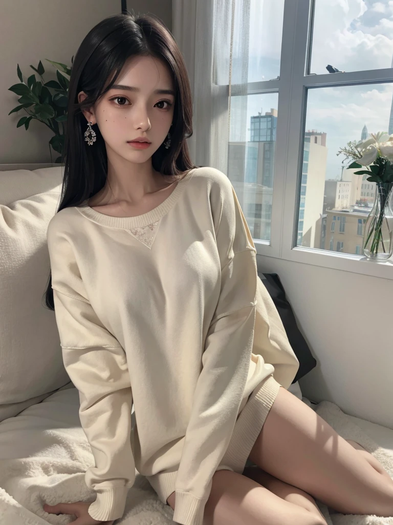 absurdres, RAW photo, extremely delicate and beautiful, masterpiece, Best Quality, ultra high resolution, 32k, hyperrealistic, ultra-detailed, delicate facial features, beautiful detailed woman, tearful mole, earring, medium , full body shot, medium hair, black hair, solo, alone, sweatshirt,