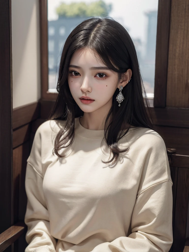 absurdres, RAW photo, extremely delicate and beautiful, masterpiece, Best Quality, ultra high resolution, 32k, hyperrealistic, ultra-detailed, delicate facial features, beautiful detailed woman, tearful mole, earring, medium breasts, full body shot, medium hair, black hair, solo, alone, sweatshirt,