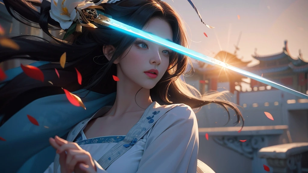 Superb Beauty, (Milky Skin: 1.3), Exquisite Details, High Resolution, Wallpaper, 1 Woman, Solo, Dress, Hair Accessories, (((Blue and White Dress)), flower, baihuaniang, long hair, brown hair, shut up, long sleeves, wide sleeves, big eyes, flowing hair, Chinese style, holding a katana, chinese clothing, hanfu, embroidery, long skirt, falling petals, dusk, 16K, HDR, High resolution, depth of field, (film grain: 1.1), Bocon, prime time, (lens flare), vignetting, rainbow, (color grading: 1.5)