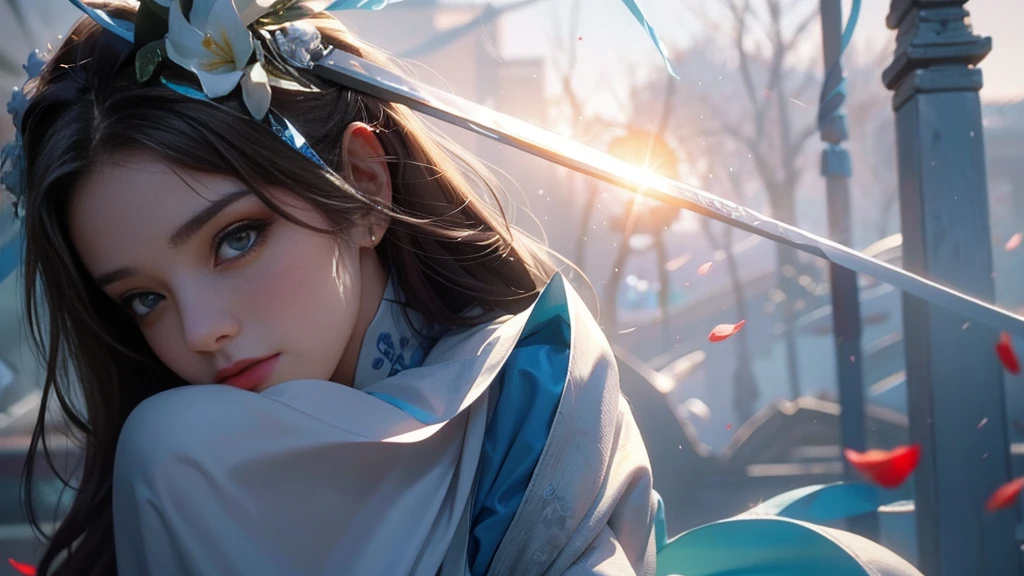 Superb Beauty, (Milky Skin: 1.3), Exquisite Details, High Resolution, Wallpaper, 1 Woman, Solo, Dress, Hair Accessories, (((Blue and White Dress)), flower, baihuaniang, long hair, brown hair, shut up, long sleeves, wide sleeves, big eyes, flowing hair, Chinese style, holding a katana, chinese clothing, hanfu, embroidery, long skirt, falling petals, dusk, 16K, HDR, High resolution, depth of field, (film grain: 1.1), Bocon, prime time, (lens flare), vignetting, rainbow, (color grading: 1.5)