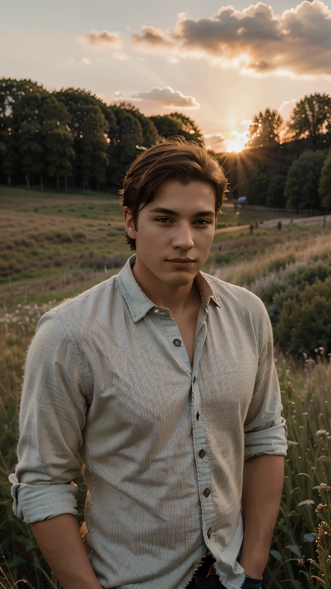 film photography style a handsome young man looking at camera in a meadow at golden hour with fluffy clouds in the background, portrait,  