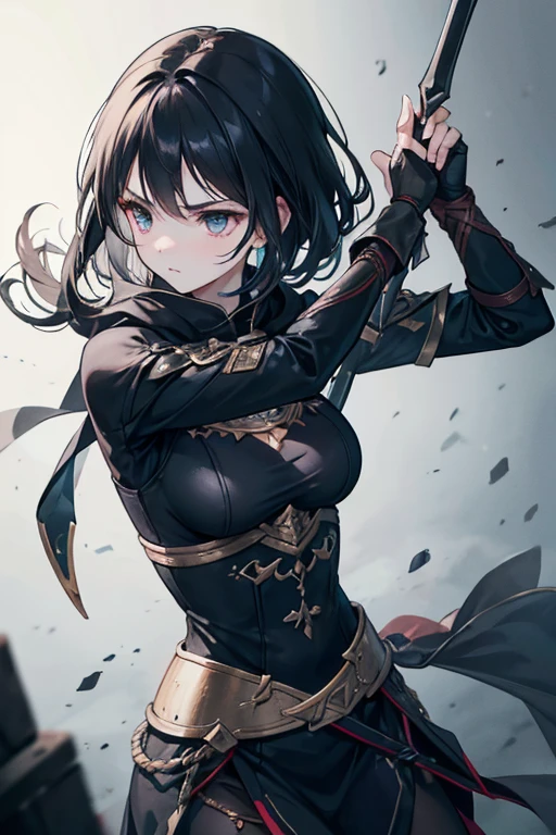 A black-haired girl wields the Heavy Thrusting Swords from within the Elden Ring in a reverse grip.