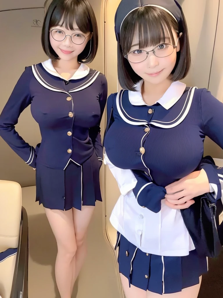 Highest quality、masterpiece、、Very detailed、Realistic、(Two Girls)、(Looking at me with a mischievous smile)、whole body、Small face、Narrow shoulders、(Big Breasts:1.2)、Thin and beautiful legs、Tight and slim waist、(Cabin attendant uniform with buttons and collar:1.2)、(Tight mini skirt:1.1)、Short Hair、(Erect nipples:1.1)、Glasses