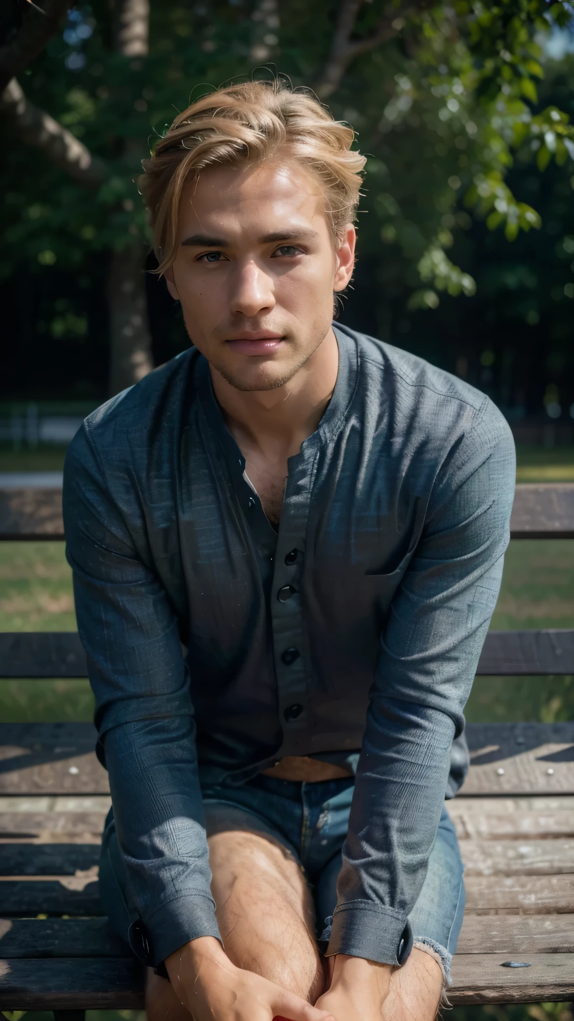 (1guy),4k, 8k, ultra highres, raw photo in hdr, sharp focus, intricate texture,detailed skin, skin imperfections, realistic, detailed facial features, highly detailed face, posing,perfect lighting,(blonde hair),sitting on a park bench,park,blue sky, clouds, river,water,handsome,rugged