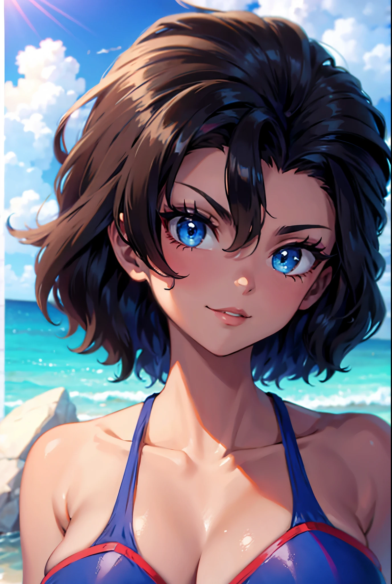 8K,high quality,anime、Black hair, blue eyes, brown skin, high quality, swimsuit, seaside background,