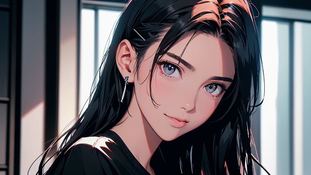 High resolution,Super detailed,Realistic,Portraiture,White women,18-year-old,Black Hair, bangs,Hazel Iris,Toned Up,Physically slim,Realistic proportions,Anatomically correct,university student,smile, Pink Cheeks; Intimate distance,Dark soft lighting,hiphop girl,Neon Hair,Textured Trim, (masterpiece,Highest quality), lofi, Battle DJ girl in HIPHOP fashion wearing DJ headphones