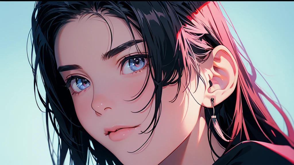 High resolution,Super detailed,Realistic,Portraiture,White women,18-year-old,Black Hair, bangs,Hazel Iris,Toned Up,Physically slim,Realistic proportions,Anatomically correct,university student,smile, Pink Cheeks; Intimate distance,Dark soft lighting,hiphop girl,Neon Hair,Textured Trim, (masterpiece,Highest quality), lofi, Battle DJ girl in HIPHOP fashion wearing DJ headphones