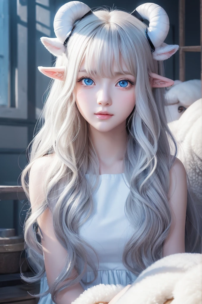 ((((Super Illustration Style:1.0)))),Highest quality,Best Anime,masterpiece,Ray Tracing, Global Illumination,White wavy hair、beautiful girl、Blue Eyes、sheep-like horns