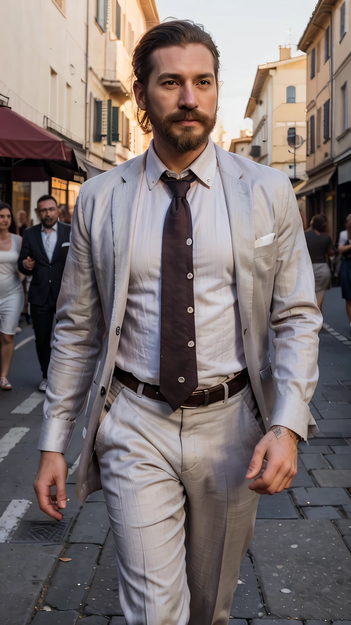 photorealistic, cinematic, raw photo, low angle shot, man, 39 years old, dark red hair, slick back hairstyle, long beard with a lush curled mustache , tattoos everywhere, wearing light lavender linen suit, white linen shirt, dark brown knitted tie with polka dot, walks the streets of Florence , summer, sunrise, happy, smiling