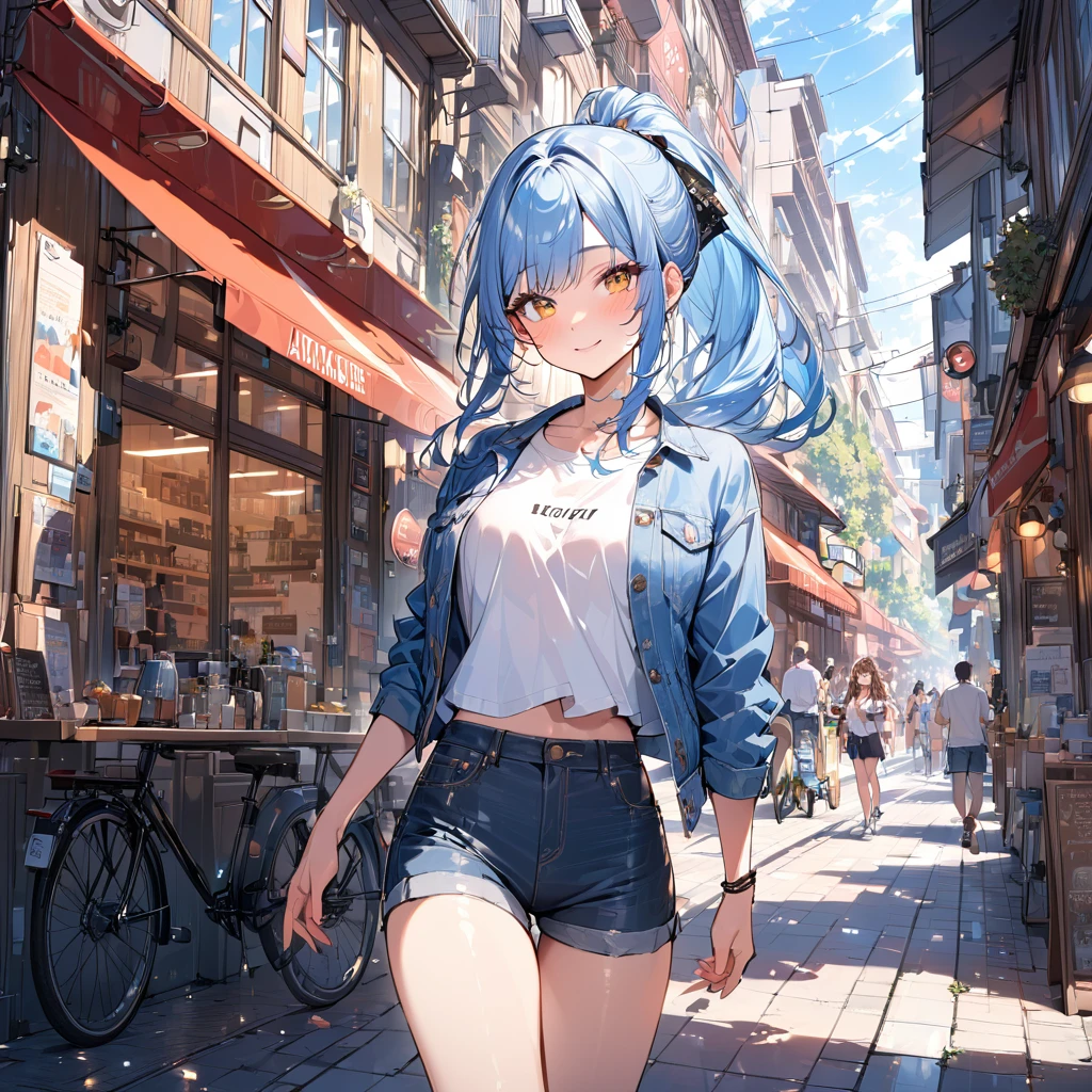 (masterpiece:1.5), highest quality, Super detailed, very detailed, exquisite, 16k, Full HD, very aesthetic, absurdres, anime style, 1girl, high school girl, beautiful, female, super sexy girl, 20 years old, long straight hair, ponytail , joyful smile, trendy casual fashion, denim jacket, white T-shirt, shorts, sneakers, taking, busy street with cafes and boutiques, sunny afternoon, bright sunlight on girl's face, soft shadows, people and bicycles in the background, blue sky and tall buildings in the distance, sharp focus on subject, vivid colors, cheerful and lively atmosphere, warm sunlight feel, good proportion, working with her friends in pari
