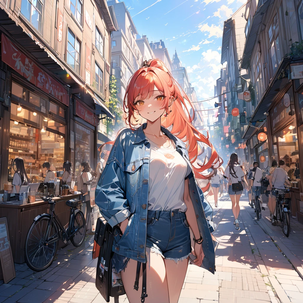 (masterpiece:1.5), highest quality, Super detailed, very detailed, exquisite, 16k, Full HD, very aesthetic, absurdres, anime style, 1girl, high school girl, beautiful, female, super sexy girl, 20 years old, long straight hair, ponytail , joyful smile, trendy casual fashion, denim jacket, white T-shirt, shorts, sneakers, taking, busy street with cafes and boutiques, sunny afternoon, bright sunlight on girl's face, soft shadows, people and bicycles in the background, blue sky and tall buildings in the distance, sharp focus on subject, vivid colors, cheerful and lively atmosphere, warm sunlight feel, good proportion, working with her friends in pari