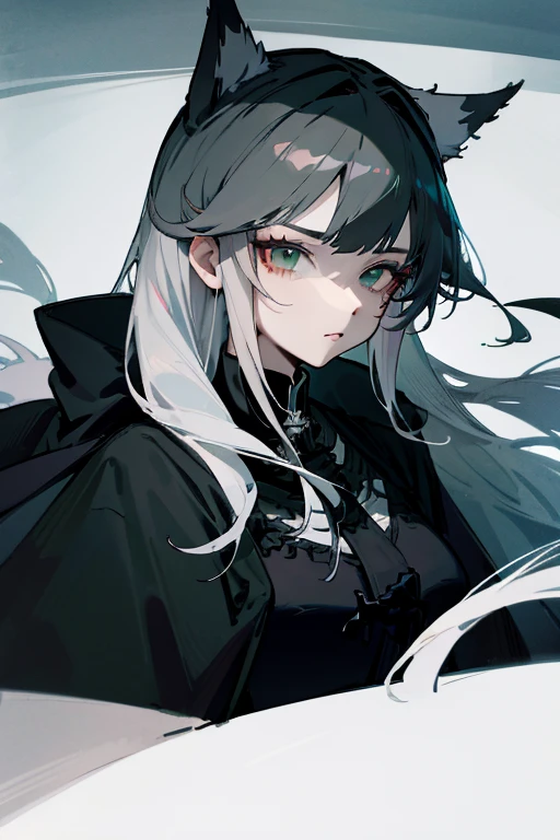 1 woman, black robe, green eyes, white hair,anime, realistic,Black head covering,ultra detail