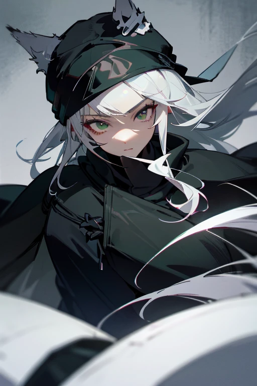 1 woman, black robe, green eyes, white hair,anime, realistic,Black head covering,ultra detail