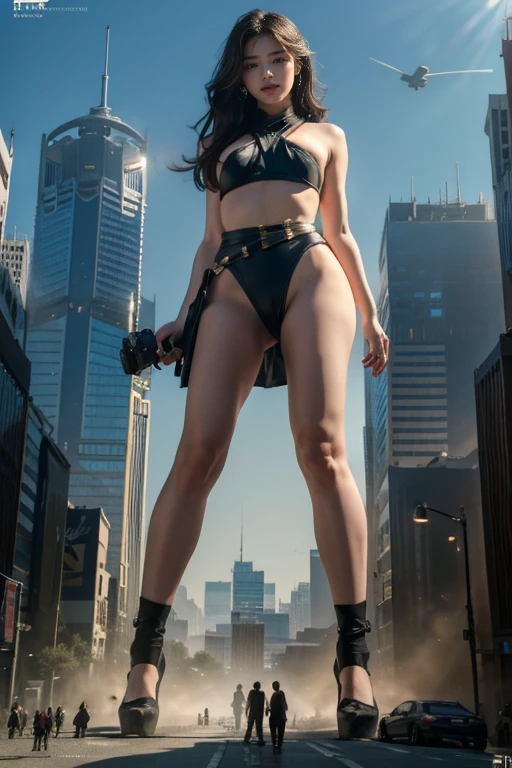 sky view,giantesscity,giant girl 500 feet high,tiny skyscrapers,Have a pair of ultra long legs,stepping in the crowd,many people in street,a pair of huge breasts,Beautiful giantess,bikini,black silk socks,Has black waist-length hair,Wearing a pair of Mary Jane heels,A look of enjoyment,standing on a ruins,Beautiful appearance,Exquisite makeup,quality,8k,高quality,Perfect proportion, Cinema lighting,film grain,Fuji colors,8k,textured skin,Super details,high detail,high quality,high resolution,explode,fake smile