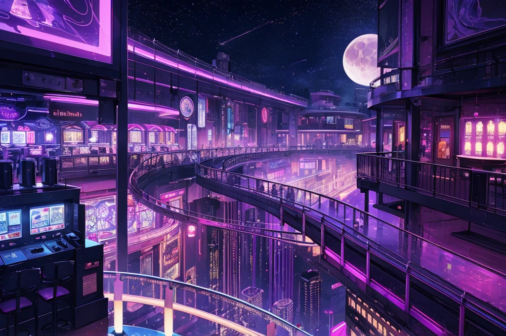 purple casino, night, downtown, HDR, 4k resolution, purple moon, firework, modern architecture, slot machine, indoor