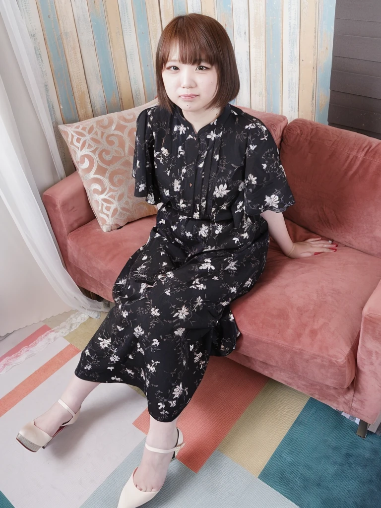 smile,there is a woman sitting on a couch in a room, in kimono, Yoshitomo Nara, taken with canon eos 5 d, taken with canon 8 0 d, yukata clothing, taken with canon eos 5 d mark iv, classy yukata clothing, full portrait, full length view, Chiho, full body photograph, full length portrait