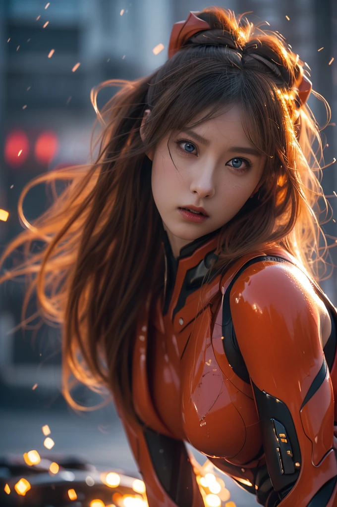 (best quality, masterpiece:1.4), (realism:1.2), (Realism:1.2), (absurd:1.2), (realistic:1.3), 1 woman,realistic skin,alone,( very big eyes,beautiful detailed eyes, symmetrical eyes),cowboy shot, (dramatic, gritty, extreme:1.4), Asuka Langley Soryu,HDR,DTM, Full haha, In mecha anime style, A long dancing sword charging towards the battlefield like a god., a meteor exploded, Fierce fight for life, dynamic pose, Amazing colors, surrealism, cinematic lighting effects, realism, 00 renderer, very realistic,  super view, super wide angle,