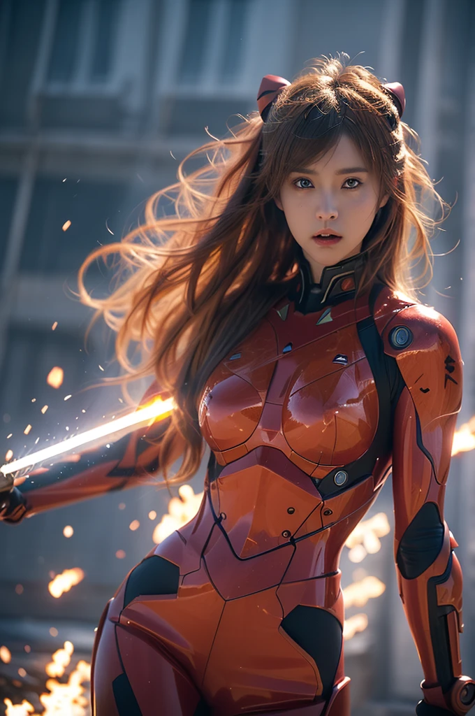 (best quality, masterpiece:1.4), (realism:1.2), (Realism:1.2), (absurd:1.2), (realistic:1.3), 1 woman,realistic skin,alone,( very big eyes,beautiful detailed eyes, symmetrical eyes),cowboy shot, (dramatic, gritty, extreme:1.4), Asuka Langley Soryu,HDR,DTM, Full haha, In mecha anime style, A long dancing sword charging towards the battlefield like a god., a meteor exploded, Fierce fight for life, dynamic pose, Amazing colors, surrealism, cinematic lighting effects, realism, 00 renderer, very realistic,  super view, super wide angle,