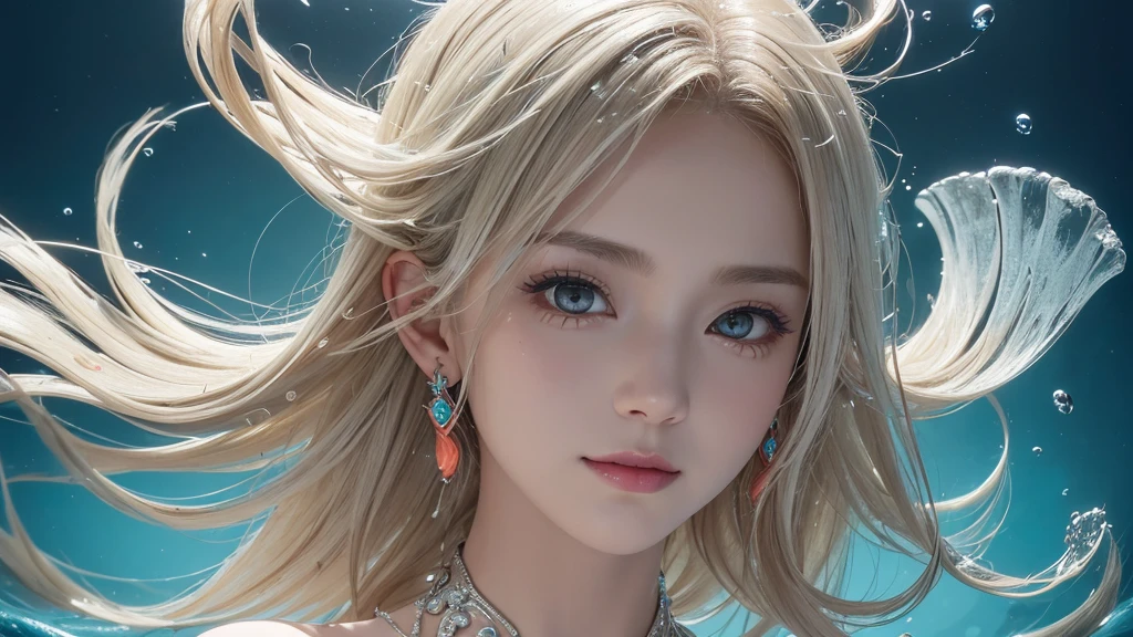 （Highest Quality Realistic Textured Skin),(terrible),(OK, round, Symmetrical eyes),Delicate facial features,(Burning bright cold eyes),(She has a mischievous smile),(Her face is kind and beautiful),Glass earrings in the ears,,(blonde),(Silvery white hair),(Chestnut Hair),(Swim at the bottom of the ocean)，(Full body portrait:1.5),(Dramatic Photos:1.4),(Dramatic Pose),(Flashy photos)(look up),(Looking down),(Around her neck is a simple necklace made with exquisite craftsmanship.),Cluttered photos，(Hair flowing in water:1.5),(Underwater, Life at sea, 美しいCoral Reef, fish),(Background vortices and currents),(Dramatic Light),(Nice views),(美しいfishに囲まれて),遠くの背景にはCoral Reefに沈んだ寺院が見える,Coral Reef,Spectacular realism,Cinematic atmosphere,(High-density image review:1.5),(Soft colors:1.2),Very detailed,Dramatic Light,(Intricate details:1.1),Complex background,