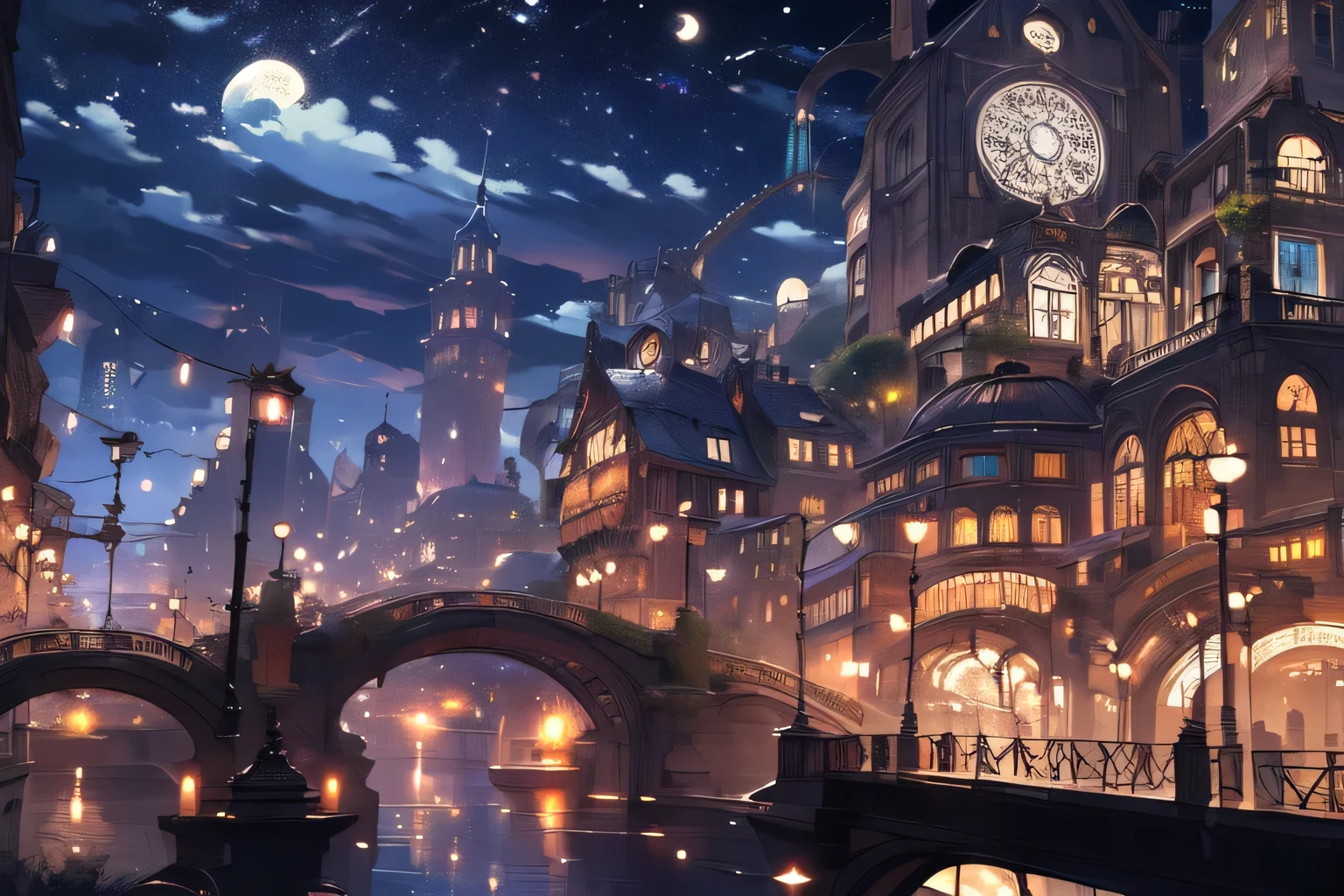 (masterpiece:1.2), Highest quality,Pixiv,night景,
scenery, null, Fantasy, cloud, Outdoor, building, city, water, bridge, night, lamp post, handrail, window, plant, lanthanum, arch, cityscape, stage, flower