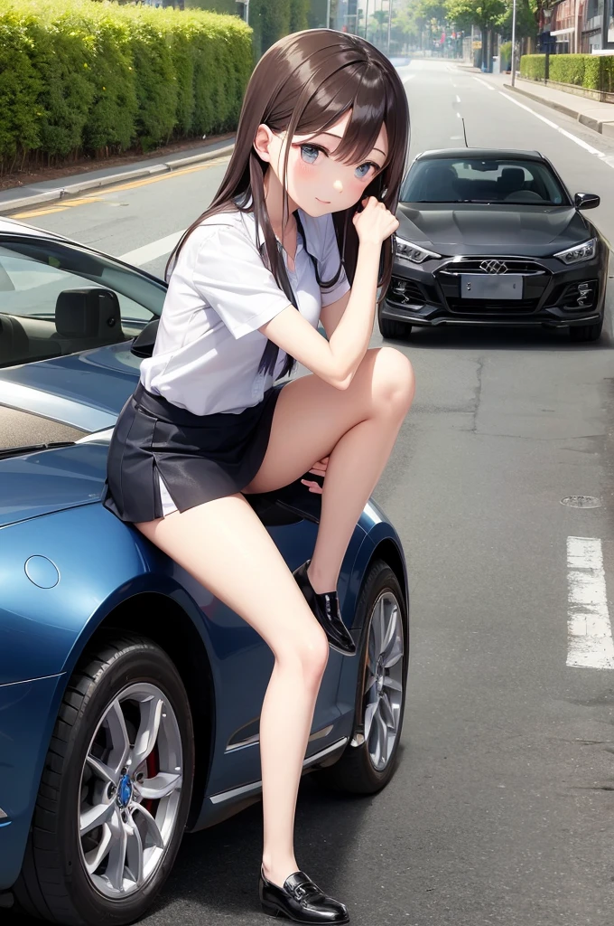 A cute woman in a miniskirt repairing a car。Changing car tires