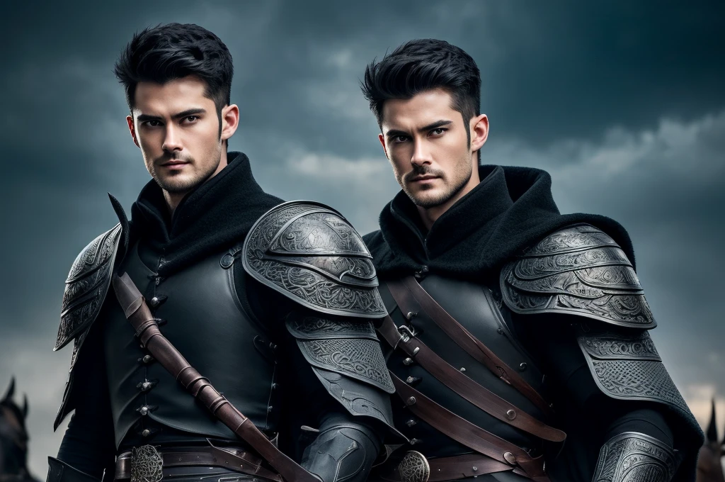 There was a knight up there., Masterpiece, Highest quality, war, cold weather, realistic, 1 person, mature man, A quiet and charming young man., 30 years old, Portrait, Highly detailed face, cool and smile, ((blue eyes)), ((black short hair)), [Thick eyebrows], holding a crescent repeater,Lipo,Fang Tian Hua Ji, ((black long coat)), ((all black)), (blue eyes) ,Short Black Quiff Hair with Soft Fringe, handsome , muscle, Facial expressions, Black Knight Armor ,Fang Tian Hua Ji, black wool shawl(Masterpiece,best quality,special, (Broad shoulders)) (muscle), focus man,ride a horse,holding a halberd to pierce the sky, His black spear rose.., . Describe the man.&#39;Appearance., Details of his sword, Characteristics and characteristics of monsters, and convey the tension and power of the encounter..."
