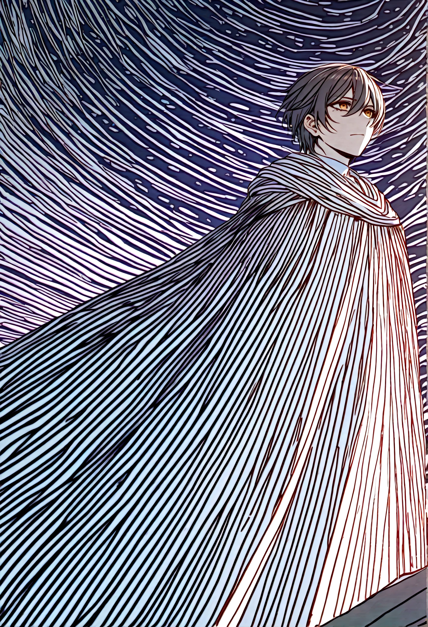 Create page 1 of my manga with the squares that is about Chapter 01: Renaissance and First Class Page 1:
Square 1: A starry night sky, with an intense glow on the horizon.

texto: "Em um reino distante, the God of Death prepares for his last act..."
Square 2: The God of Death, an imposing figure in somber attire, It's on top of a mountain, watching the horizon.

texto: "But fate had other plans for him."
Square 3: The God of Death é envolto por uma luz brilhante, your eyes wide in surprise.

texto: "A new life has been given to you..."
Square 4: The light intensifies and the image dissolves, transitioning to a hospital in Brazil.