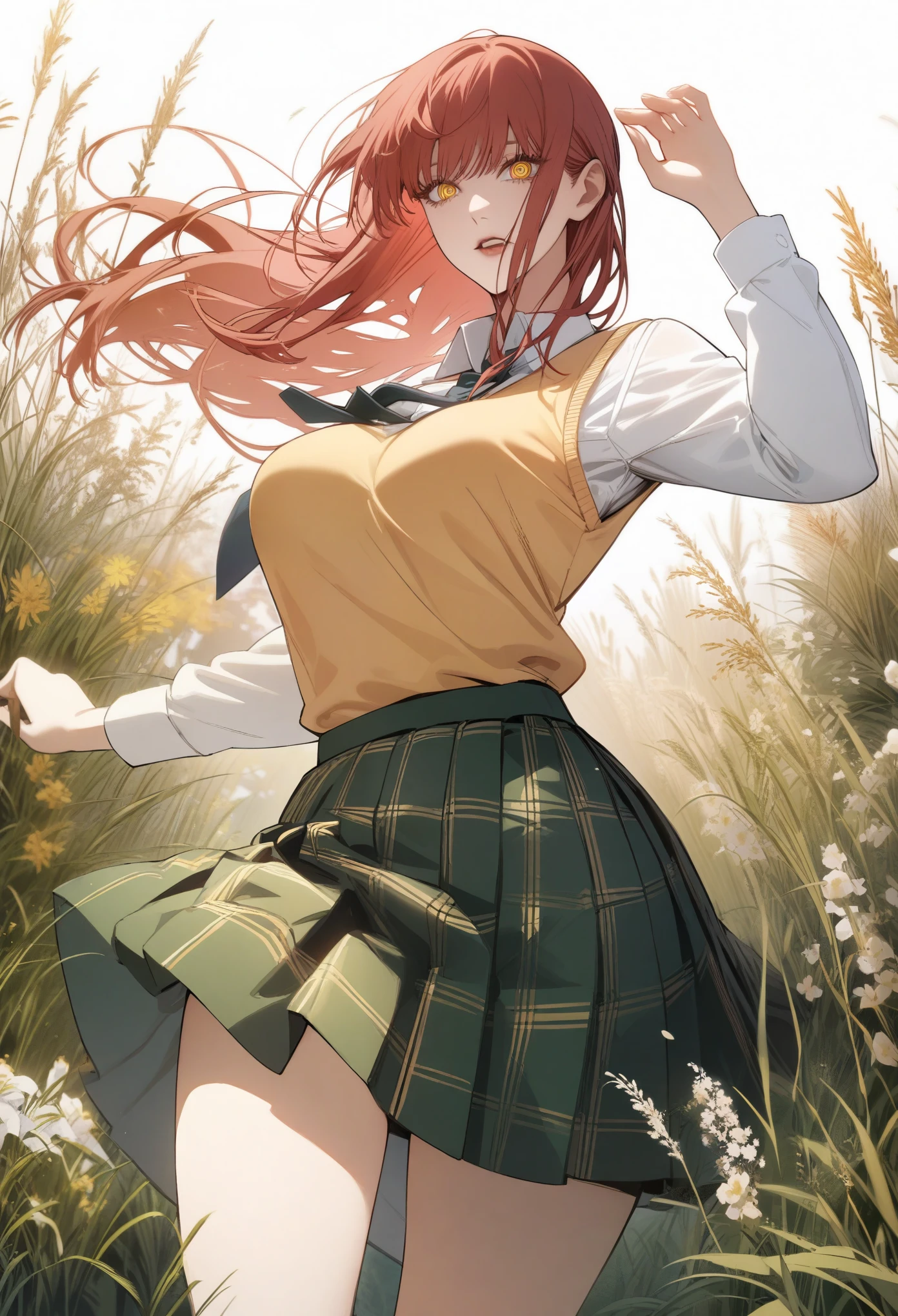 masterpiece, best quality, very aesthetic, absurdres, 1girl, mature_lady,,makima_(chainsaw_man),chainsaw_man,  1girl, red_hair, ringed_eyes, yellow_eyes,,green plaid skirt, sainan high school uniform, school uniform, white shirt, yellow sweater vest,grasses and flowers,,floating_hair,