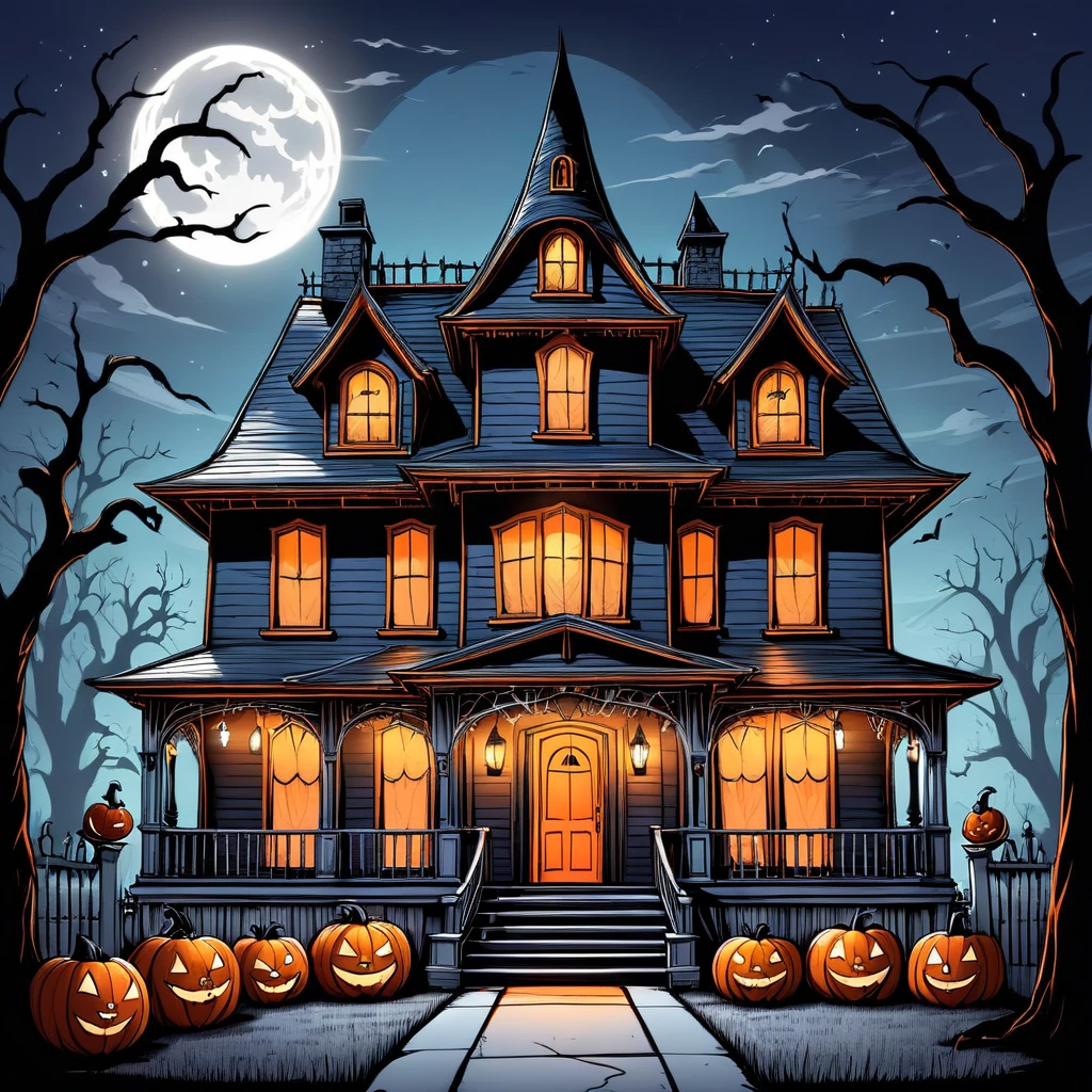 thin line drawing of a halloween house, with the whole body