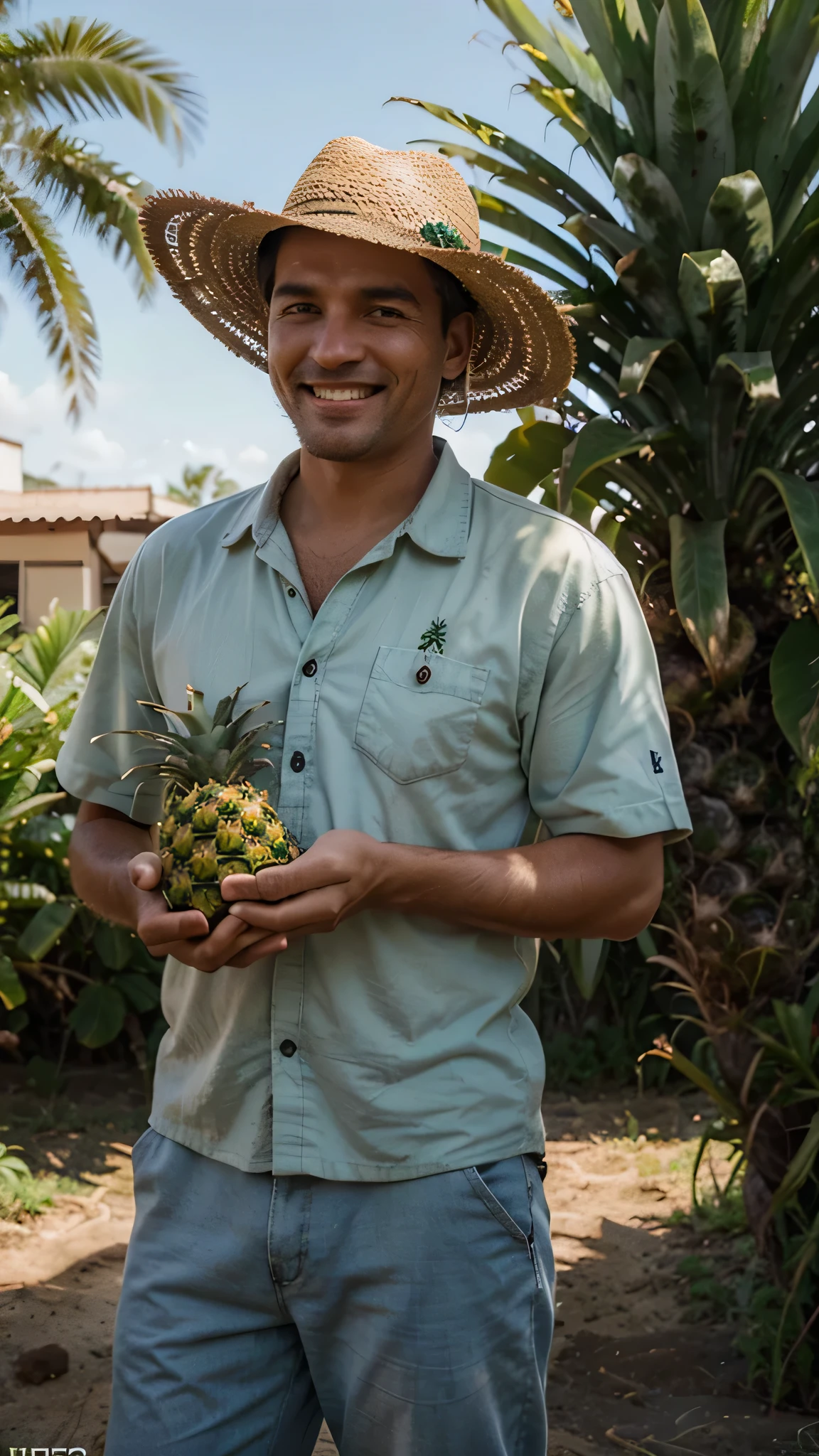 (Homem do campo), (Smiling farmer with hat), (holding a pineapple in your hands), pineapple plantation fund, trator ao fundo, casa de fazenda ao fundo, luz de entardecer, ultra realista, hd, complexo, poster