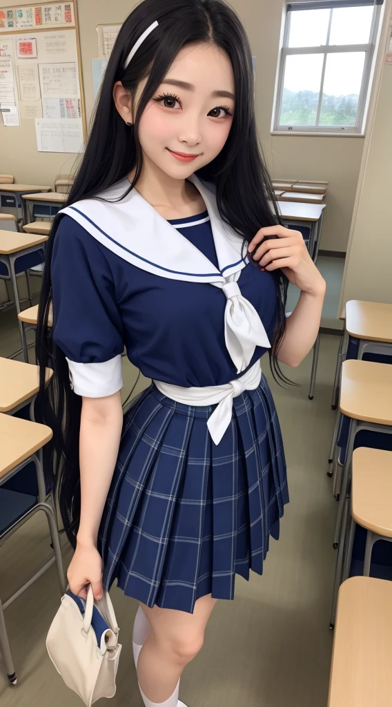 Highest quality、Realistic touch,High definition、Photorealistic、Skirt too short、Big eyes、Thin and slim body、Huge 、Wearing clothes that are too small、Strong eyelashes、Sexy、Esbian all over、Obedient smile、Blushed、Kamimei、Small waist、Voluptuous thighs、A dreamy look、School classroom、Junior high school student in sailor suit、No sleeve、expensive、A slightly higher angle