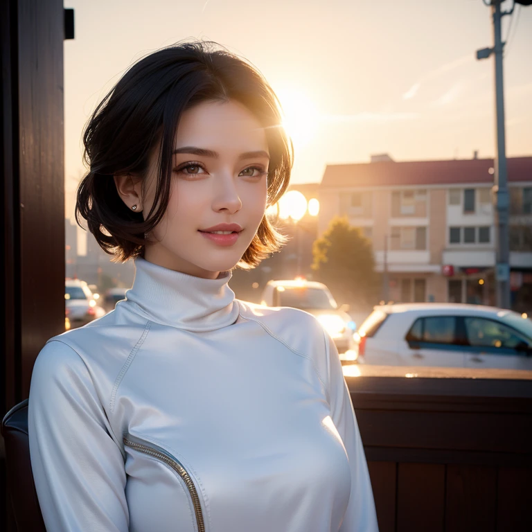 a beautiful young woman in a casual outfit, short hair, lady bikers, detailed face, alluring eyes, full lips, large bust, turtle neck t-shirt, leather jacket, outdoor date setting, soft lighting, warm colors, photorealistic, 8k, cinematic, beautiful detailed eyes, beautiful detailed lips, extremely detailed face and eyes, long eyelashes, intricate clothing textures, elegant posing, warm smile, romantic atmosphere