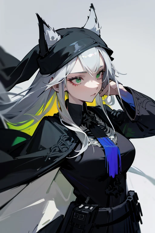 1 woman, black robe, green eyes, white hair,anime, realistic,Black head covering,ultra detail