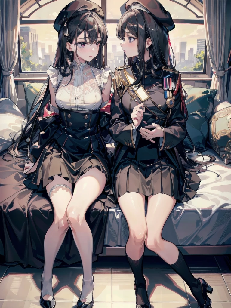 absurdres, RAW photo, extremely delicate and beautiful, masterpiece, Best Quality, ultra high resolution, 32k, hyperrealistic, ultra-detailed, delicate facial features, beautiful detailed woman, tearful mole, earring, medium breasts, full body shot, medium hair, black hair, one side up, 2 girls, yuri, beret, skirt, military uniform,