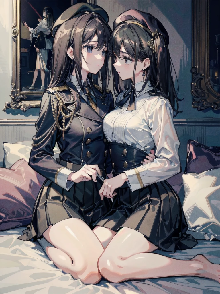 absurdres, RAW photo, extremely delicate and beautiful, masterpiece, Best Quality, ultra high resolution, 32k, hyperrealistic, ultra-detailed, delicate facial features, beautiful detailed woman, tearful mole, earring, medium breasts, full body shot, medium hair, black hair, one side up, 2 girls, yuri, beret, skirt, military uniform,