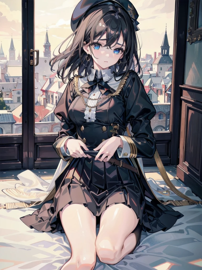 absurdres, RAW photo, extremely delicate and beautiful, masterpiece, Best Quality, ultra high resolution, 32k, hyperrealistic, ultra-detailed, delicate facial features, beautiful detailed woman, tearful mole, earring, medium breasts, full body shot, medium hair, black hair, one side up, 2 girls, yuri, beret, skirt, military uniform,