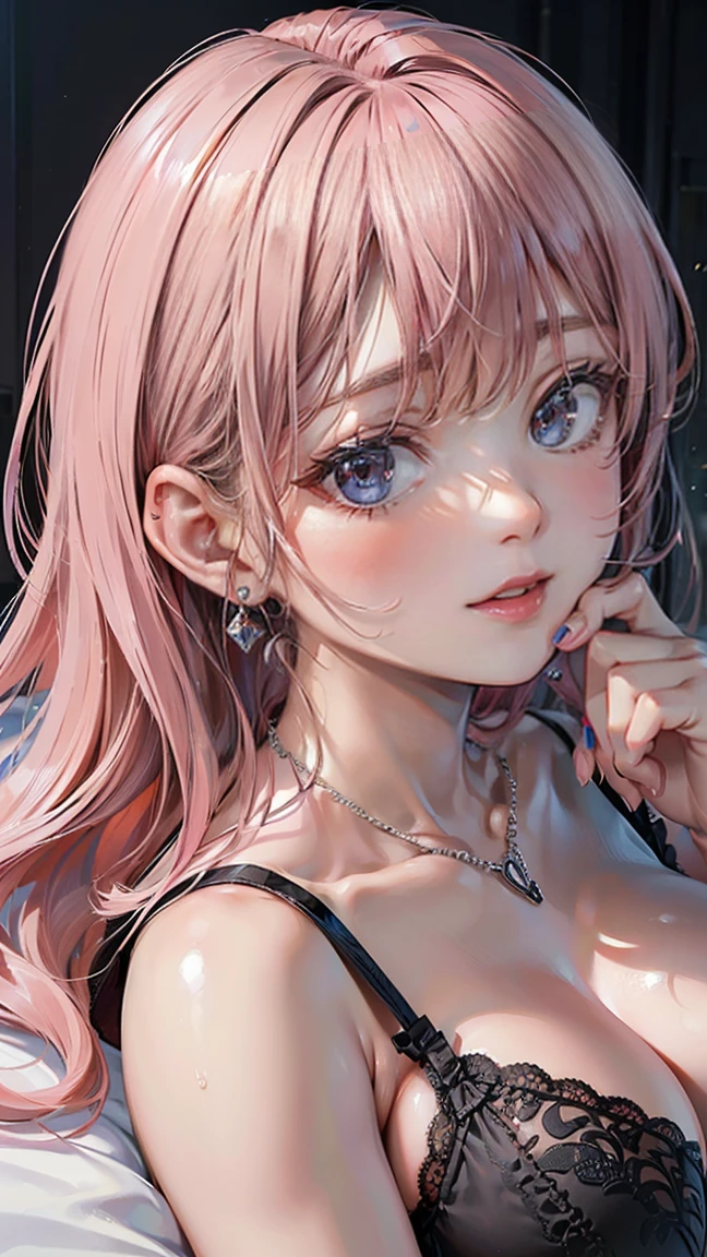 (Masterpiece, BestQuality:1.3), (ultra detailed:1.2), (hyperrealistic:1.3), (RAW photo:1.2), High detail RAW color photo, professional photograph, (Photorealistic:1.4), (realistic:1.4), professional lighting, perfect anatomy, (Big Breasts:1.2), (blush, detailed face), (cheerful Smile:1.5), (Pink Hair:1.5), Trending Hair&Trending Hairカラーをランダムに, earrings, necklace, bracelet, sexly, erotic sexly, Random sexy gravure poses, ((Beautiful woman in black lingerie、Sexy pose on the bed、In a dimly lit room。: 1.3)