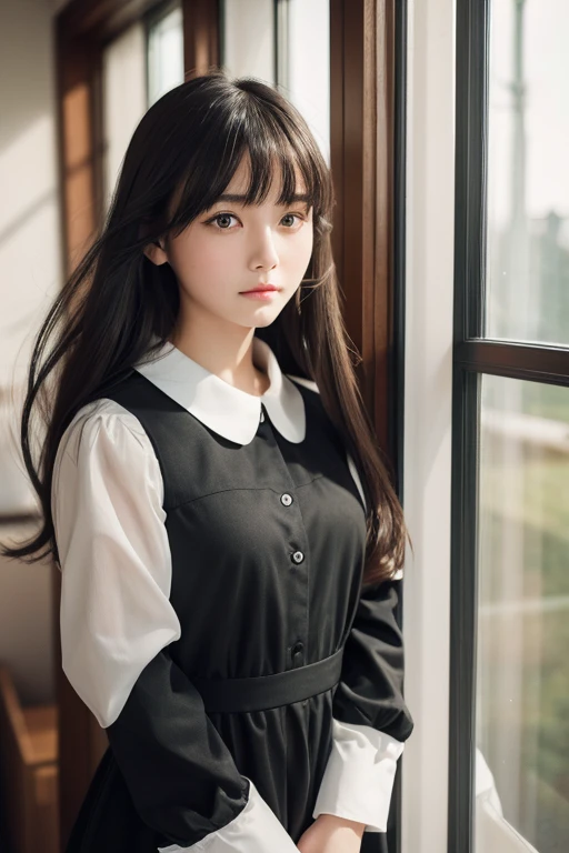 (Best image quality,8K quality,masterpiece:1.3,),(Super A quality,Realistic:1.4,RAW Photos),(Asahi:1.3),(masterpiece:1.2),(Realistic:1.2),(RAW Photos),(detailed:1. 2), Official Art, unity 8k wallpaper, Super Definition, beautiful, masterpiece, Highest quality, attic, Natural light, Bright sunlight, Window, (Window open), Wind, Lonely Girl, standing by Window, (Wind blowing in), Red ribbon in hair, Black Hair, bangs, 10 years old, Pretty face, Glossy Cheeks, Black Dress, (Long sleeve, collar), wooden frame and Window,