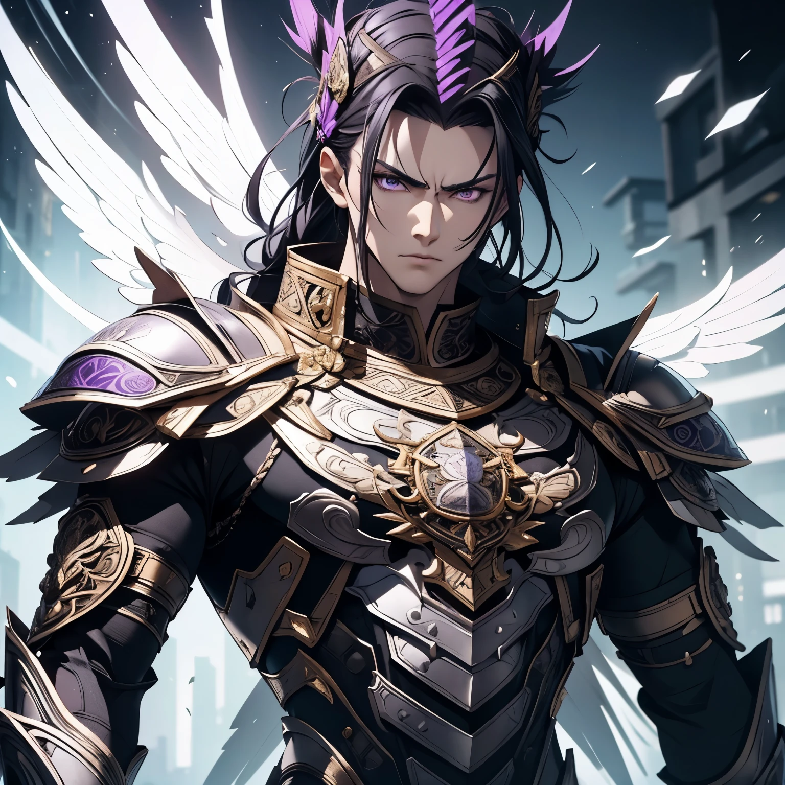 1 white man alone. 40 year old appearance. broad face. whole body, medium and straight black hair. GOD. Angelic Tight Fight Clothes, black with purple details. tribal tattoos on body. Haughty and gentle look. bright purple eyes. detailedeyes. Cao Cao. athletic.