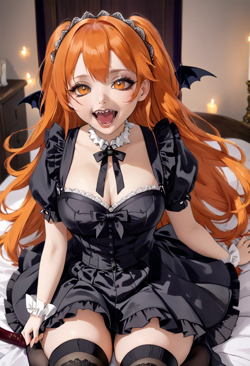 ,huge ,Gothic Lolita,Garter Straps,Laughing with your mouth open,tooth,vampire,Halloween,Orange Hair,hair ornaments,Heterochromia iridis,Best image quality,Highest quality