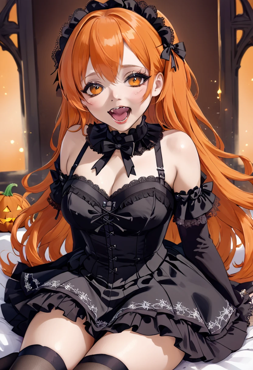 ,huge ,Gothic Lolita,Garter Straps,Laughing with your mouth open,tooth,vampire,Halloween,Orange Hair,hair ornaments,Heterochromia iridis,Best image quality,Highest quality