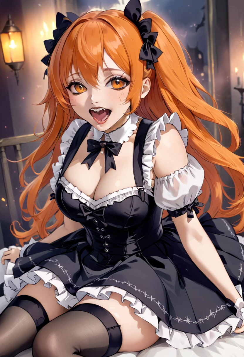 ,huge ,Gothic ta,Garter Straps,Laughing with your mouth open,tooth,vampire,Halloween,Orange Hair,hair ornaments,Heterochromia iridis,Best image quality,Highest quality