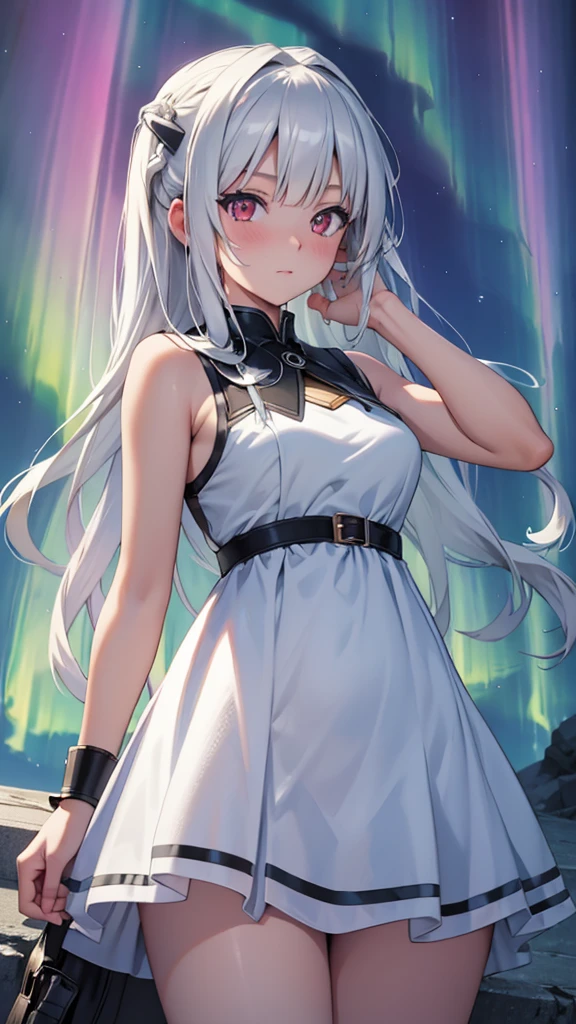 (masterpiece:1.3), (best quality:1.1), (8k, ultra detailed, ultra high res:1.2), ((anime style)), perfect 5 fingers, perfect anatomy,
1girl,
Kei Karuizawa,
BREAK long hair, wavy hair,
white hair,
red eyes,
BREAK dress, white dress, Sleeveless,
looking at viewer,
BREAK cowboy shot, BREAK (detailed background:1.1), outdoor, outside, aurora, (Fantastical Aurora Display:1.5), light particles, at night, Starry Night Sky with Shooting Stars,