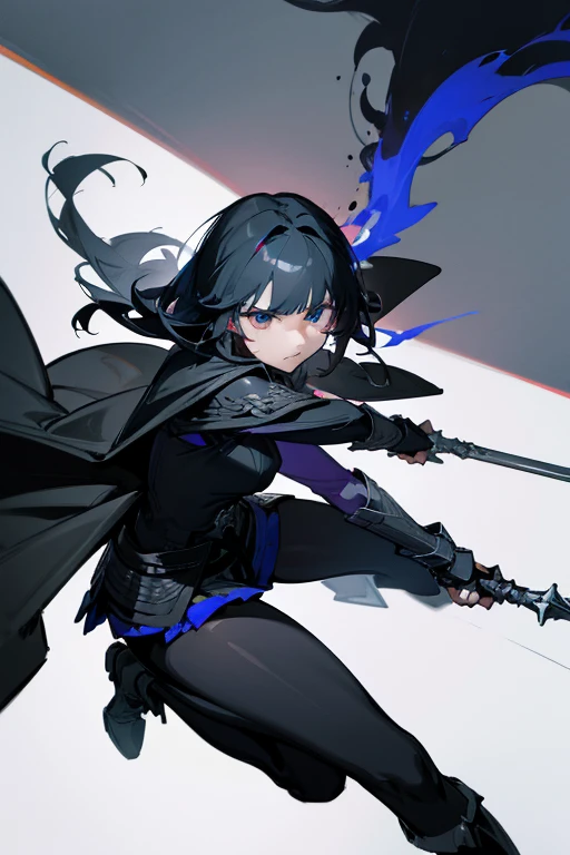 A black-haired girl wields the Heavy Thrusting Swords from within the Elden Ring in a reverse grip.