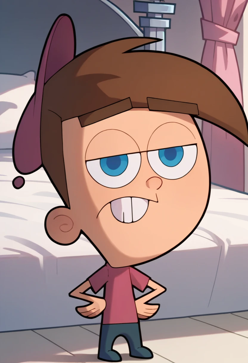 Score_9_up, score_8_up, score_7_up, 1boy, solo, timmytfp, pink shirt, brown hair, blue eyes, pink hat, teeth, blue pants, hands on hip, bedroom Expressiveh