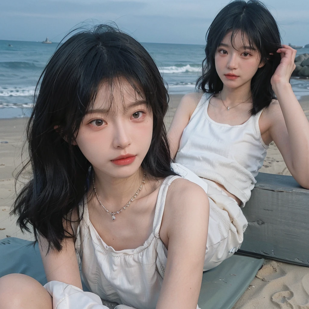 best quality，ultra high resolution，（lifelike：1.4），cute hairpins，2girll，long curly hair，JK，blush，slim beauty：1.4，Visible abdominal muscles，at the beach，ultra fine face，exquisite eyes，double eyelid，necklace